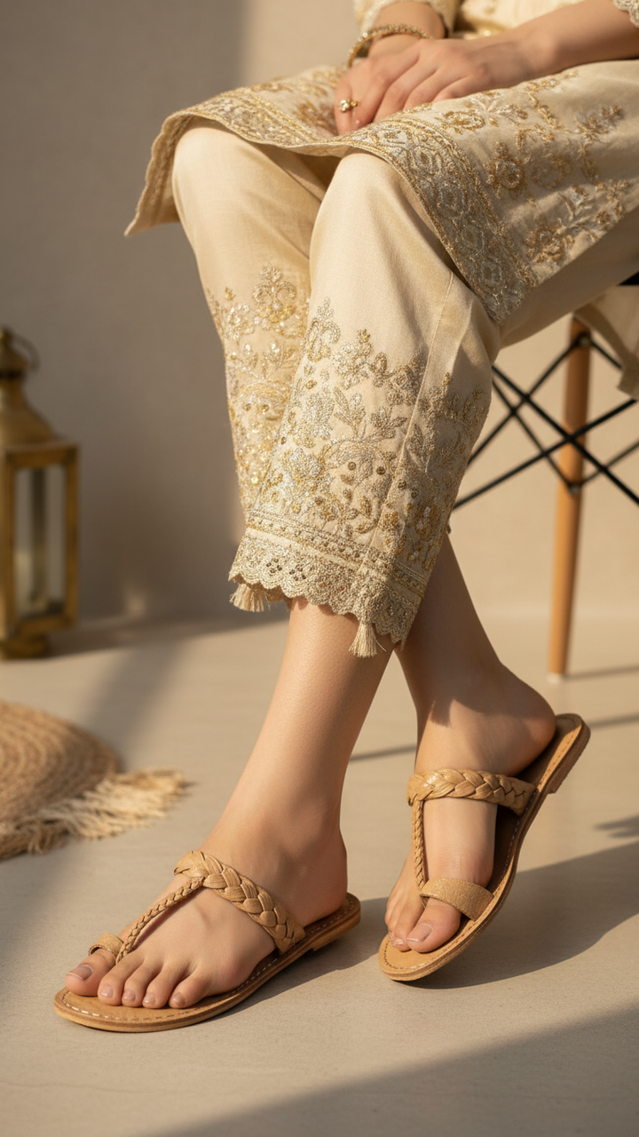 Beige Leather Kolapoori Chappal EC0276