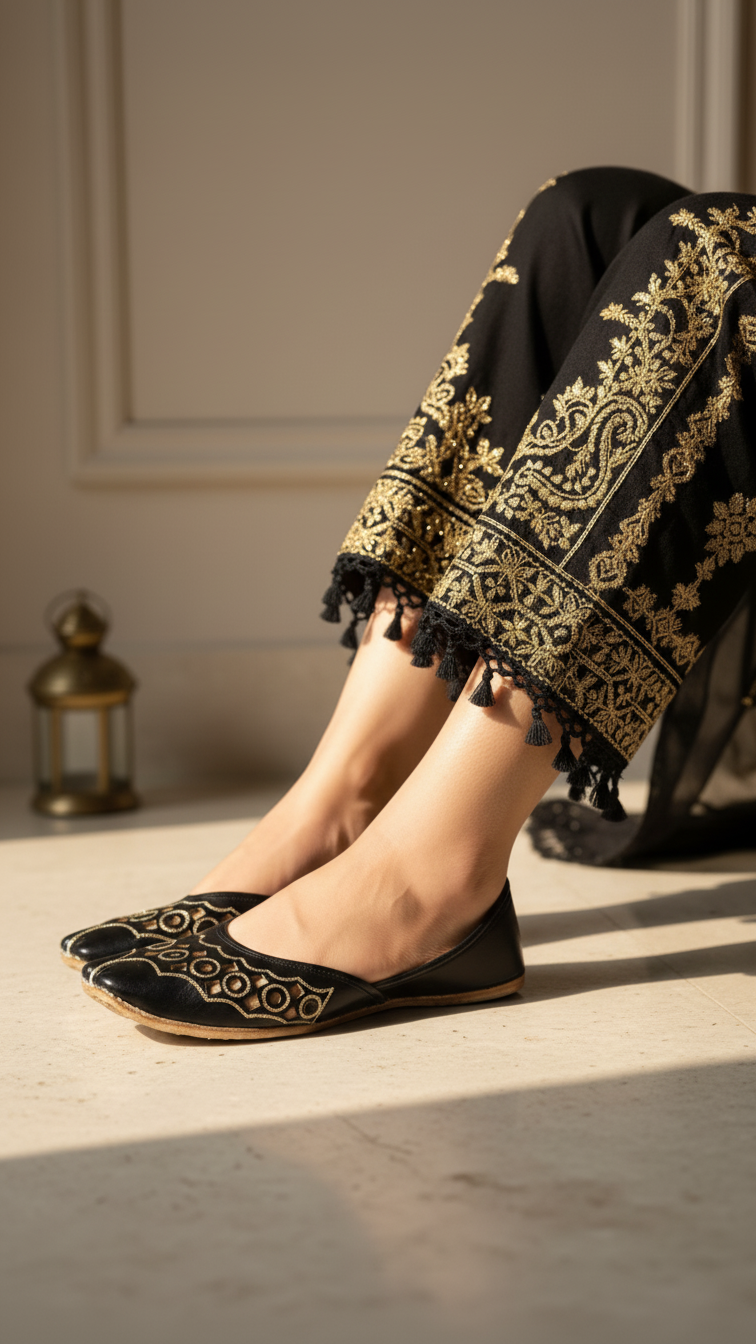 Black Leather Khussa For Women EC8668