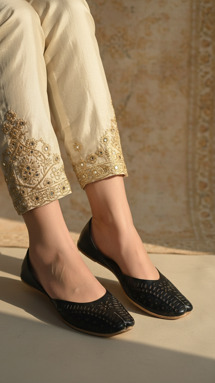 Black Leather Khussa For Women EC8670
