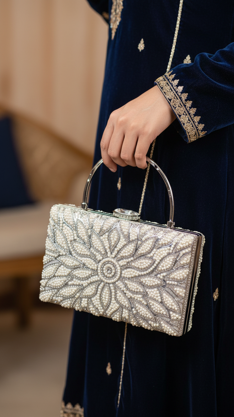 حقيبة كلاتش فضية للعروس p24257
