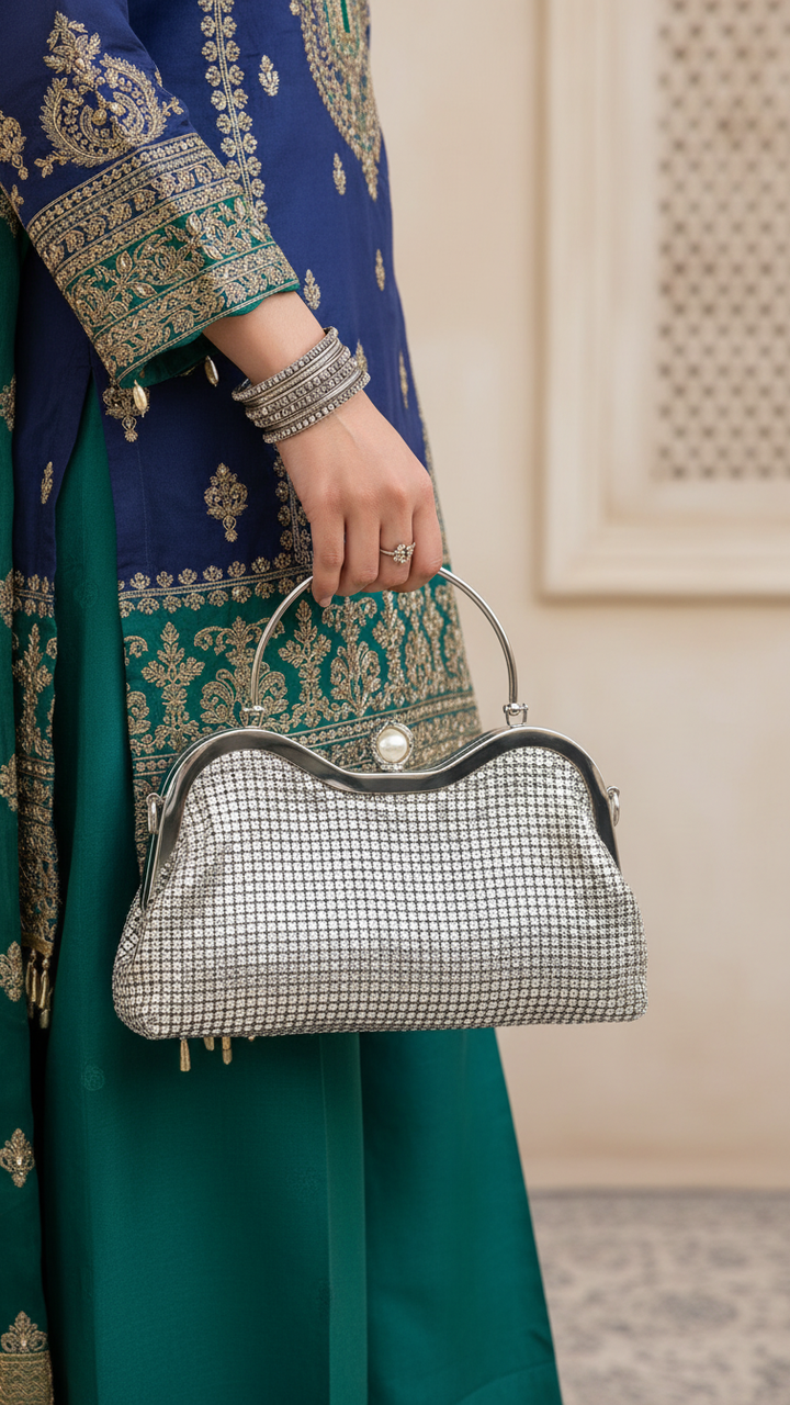 حقيبة يد فضية للعروس P24298