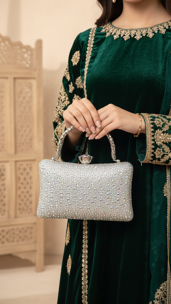 Silver Fancy Clutch For Ladies P24386