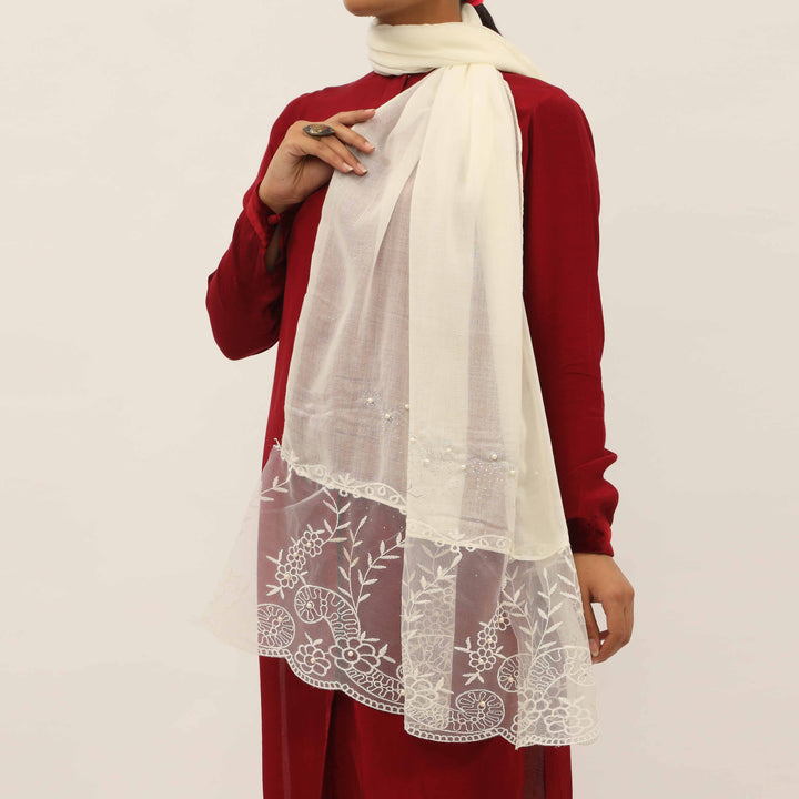 Cream Embroidered Stole PD5253