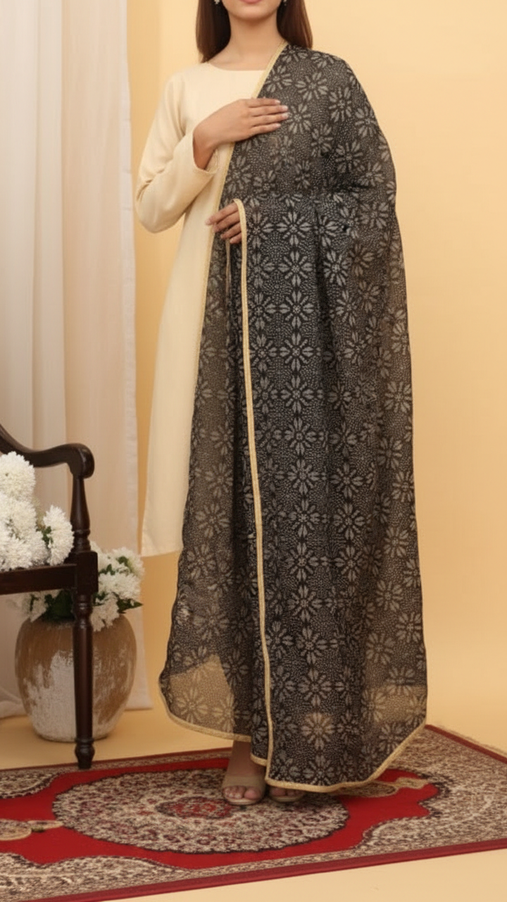 Black Screen Printed Chiffon Dupatta PD5385