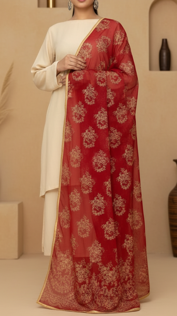Maroon Screen Printed Chiffon Dupatta PD5386