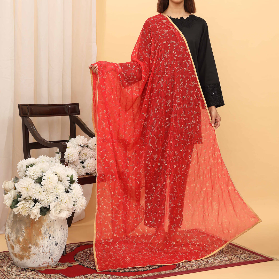Red Screen Printed Chiffon Dupatta PD5394