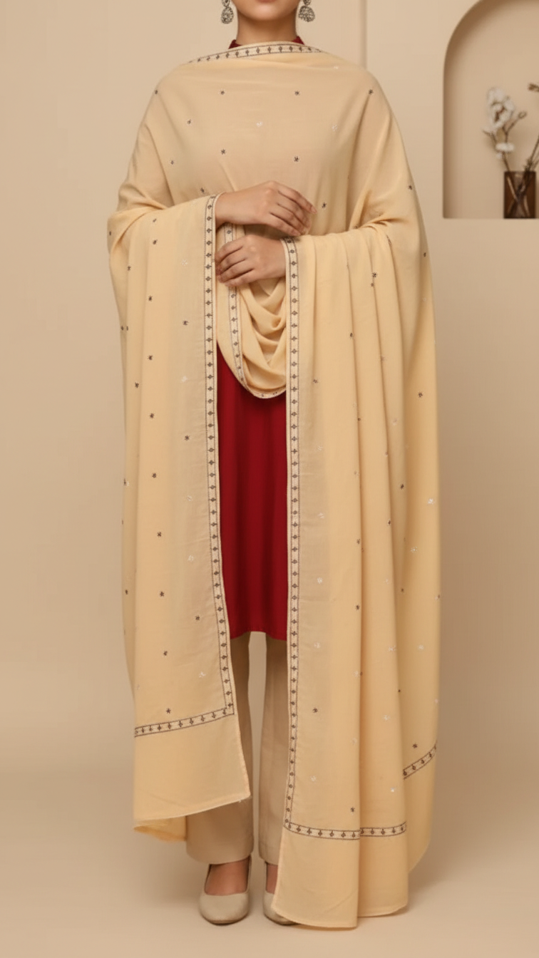 Beige Embroidered Cotton Dupatta PD5475
