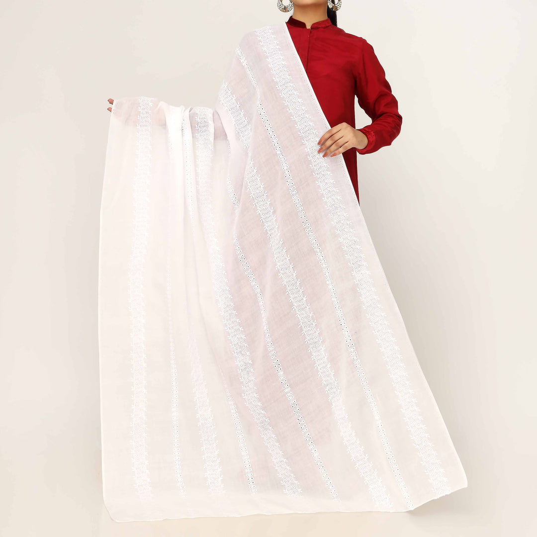 White Embroidered Cotton Dupatta PD5496