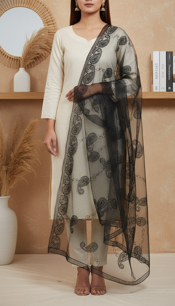 Black Embellished Net Dupatta PD6078