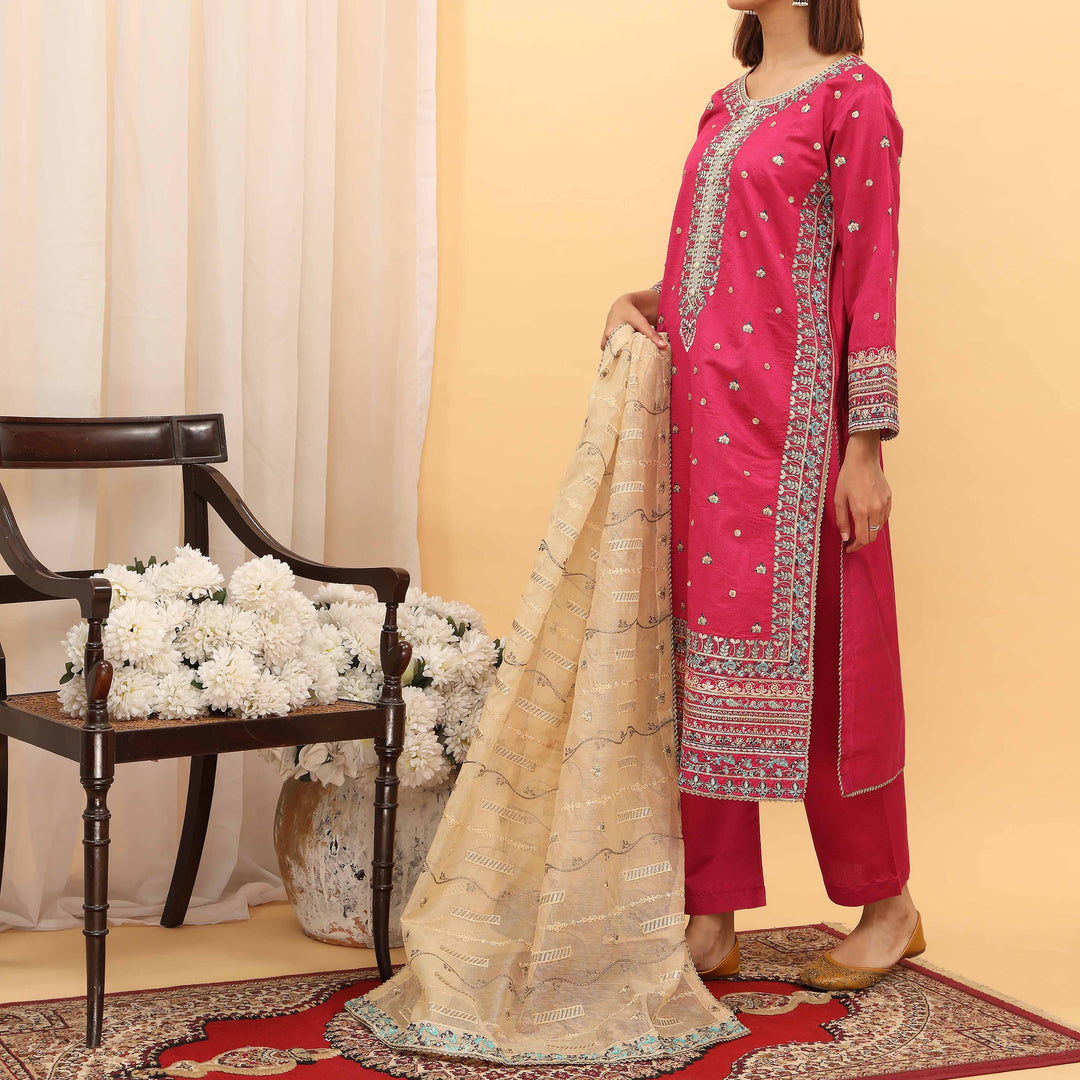 3PC- Embellished Khaddi Net Suit PF5143