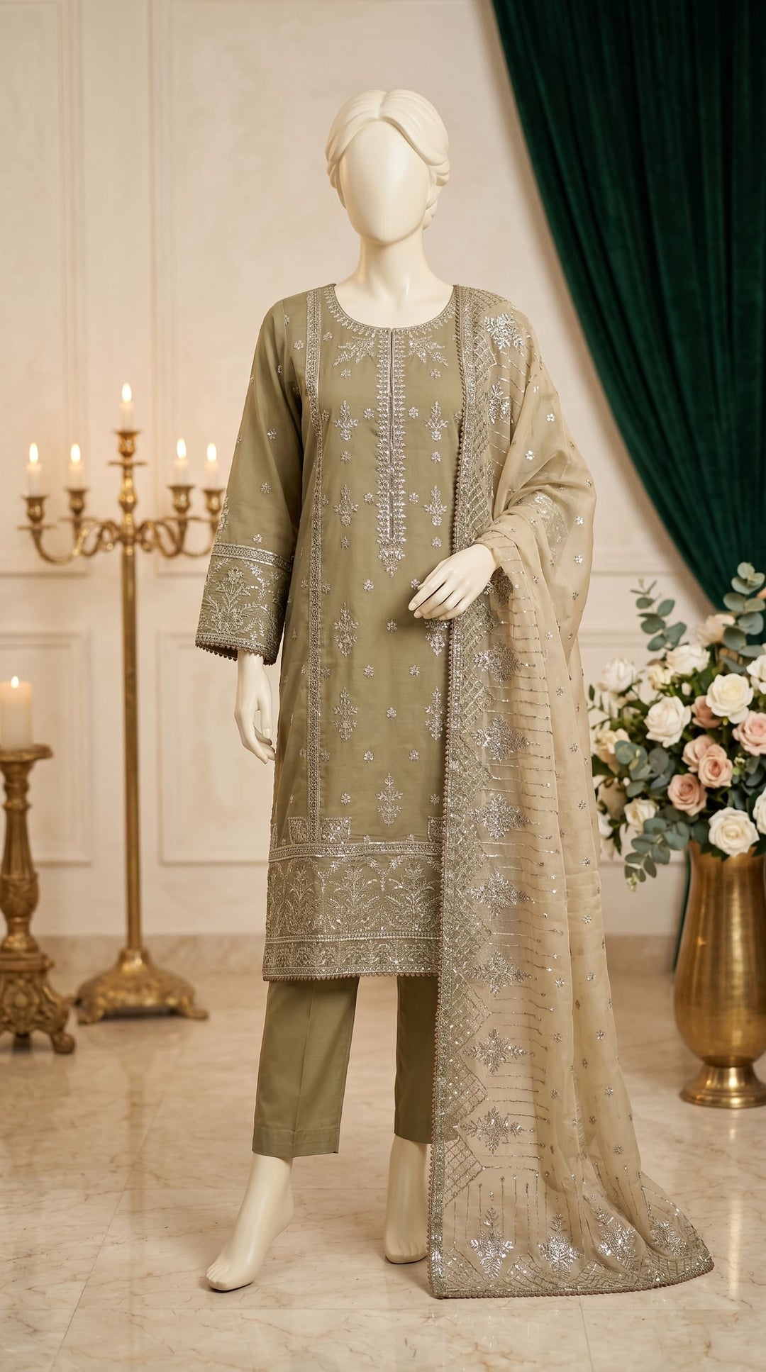 3 PC Embellished Cotton Suit PF610002