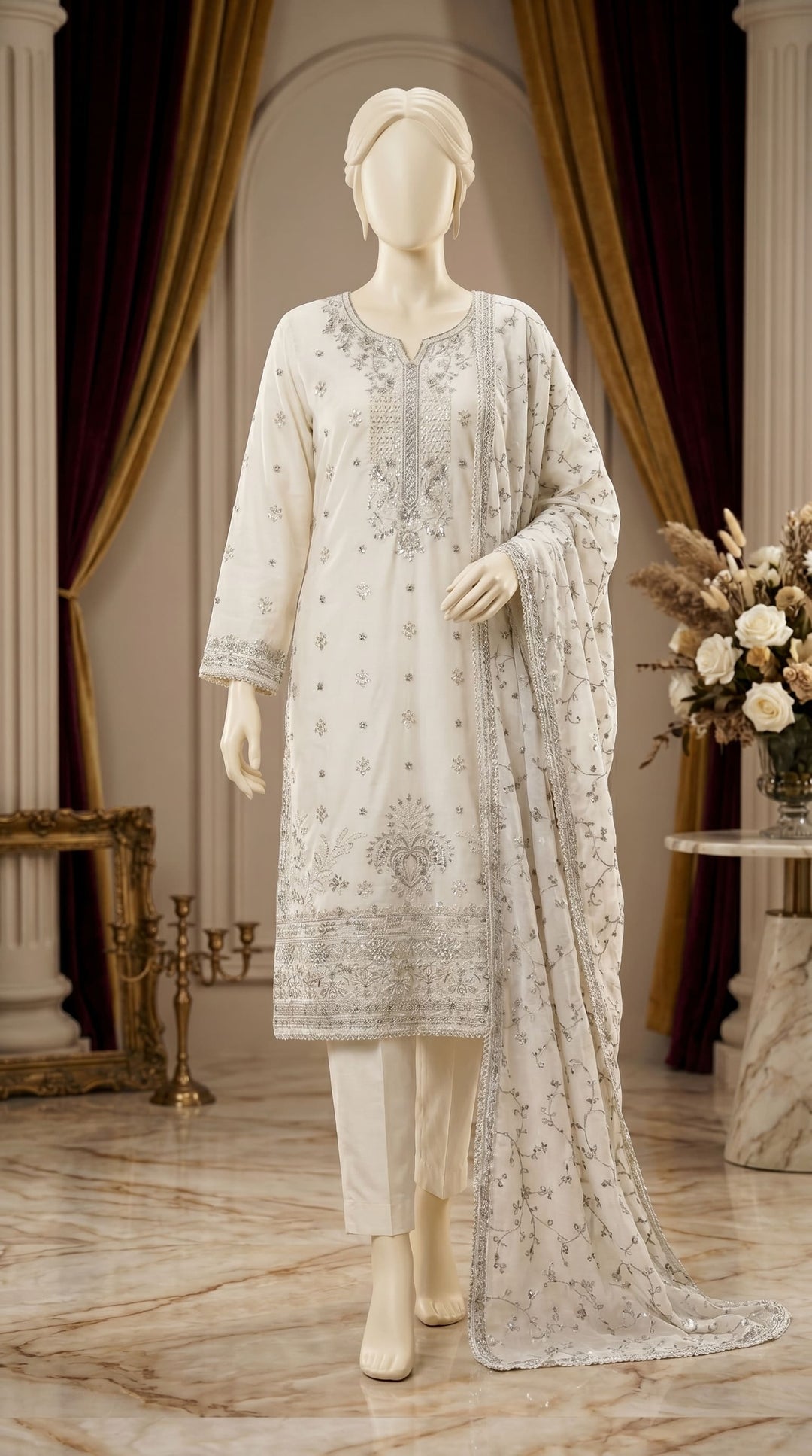 3 PC Embellished Cotton Suit PF612493