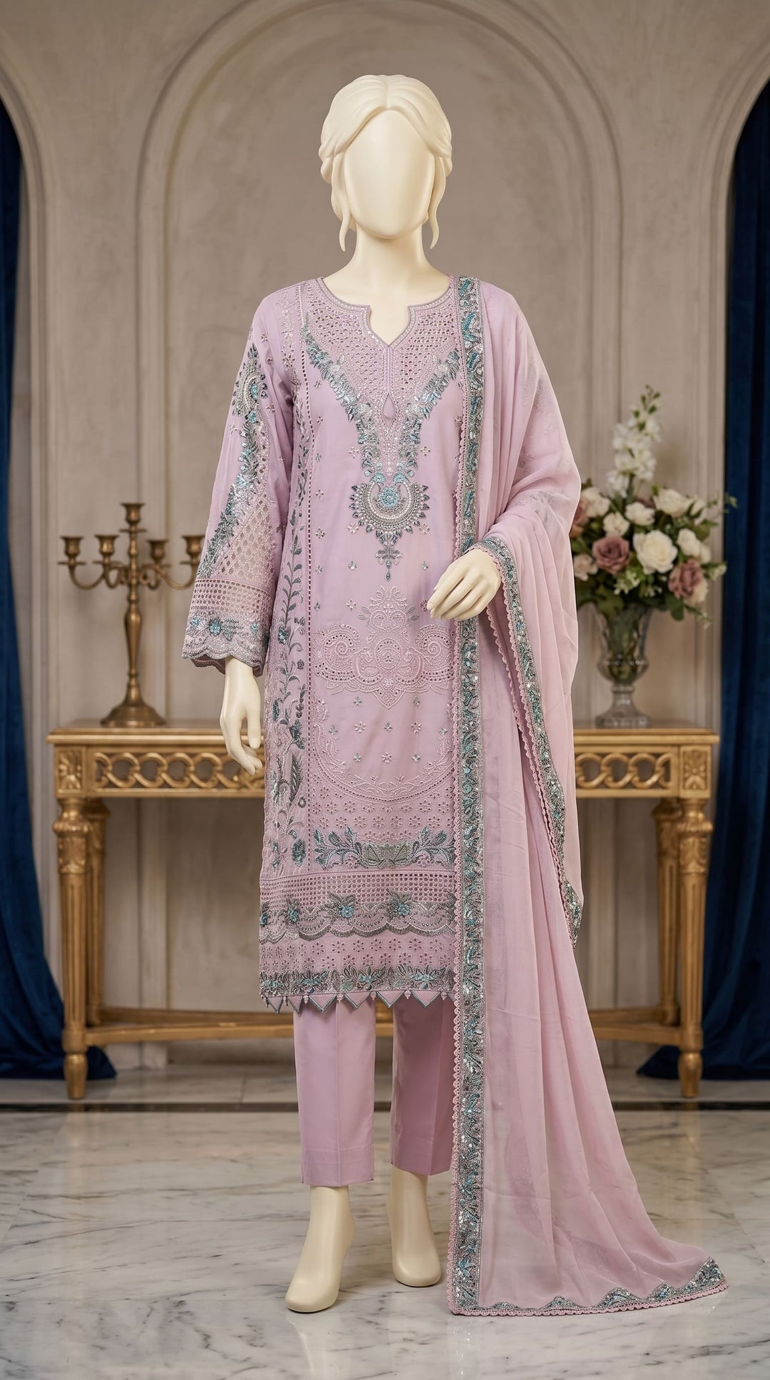 3 PC Embellished Cotton Suit PF614118