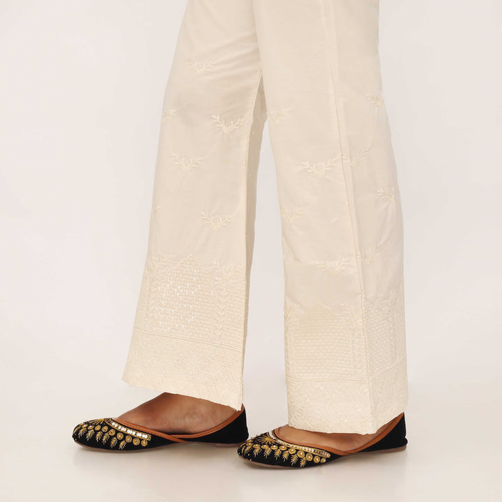 Cream Cotton Cambric Trouser with Embroidery PL5088
