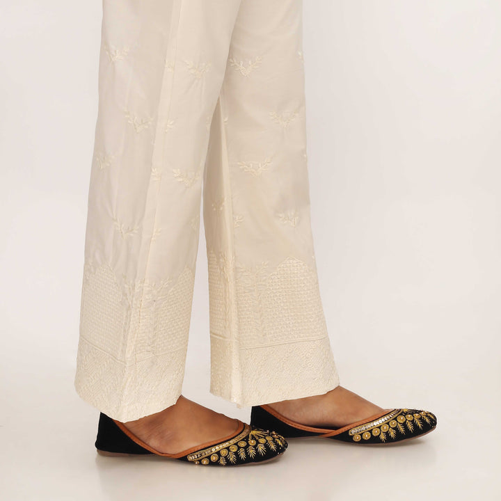 Cream Cotton Cambric Trouser with Embroidery PL5088