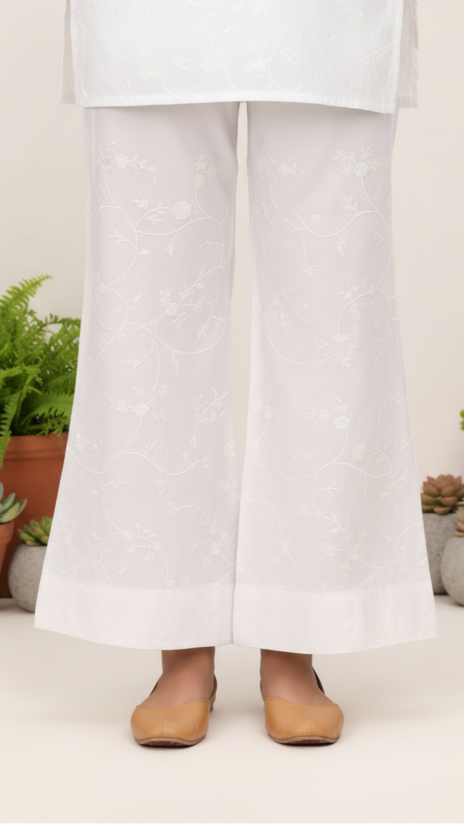 White Cotton Cambric Trouser with Embroidery PL5090