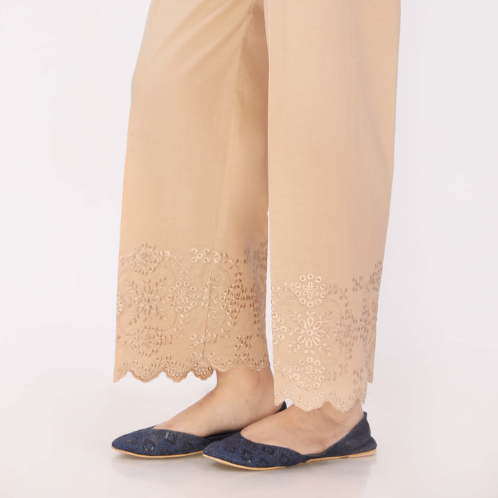 Beige Cotton Cambric Embroidered Trouser