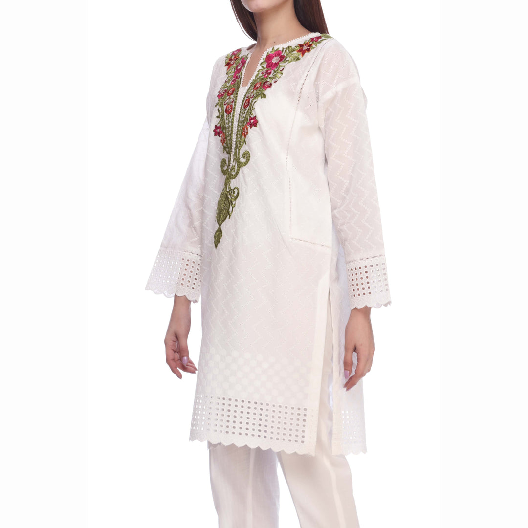 White Color ChikanKari Embellished Shirt PS2156