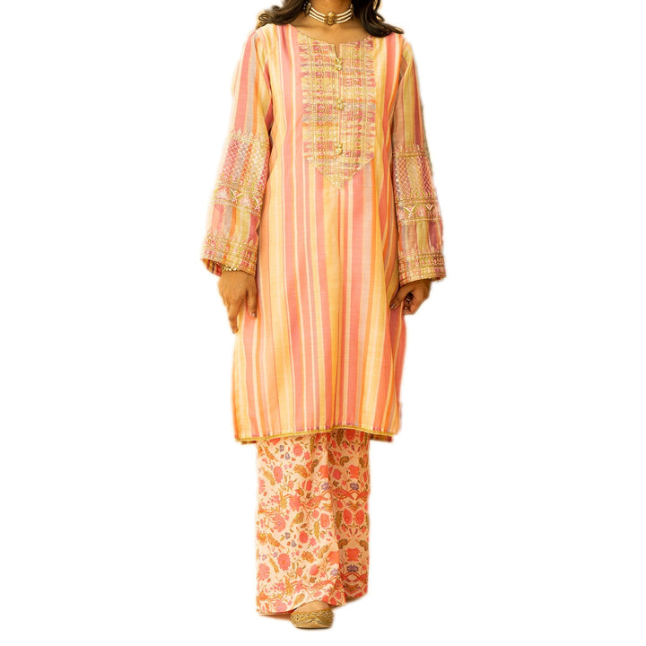2PC- Embroidered Paper Cotton Shirt With Trouser PS3108