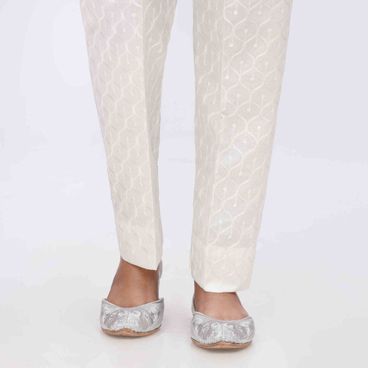 Cream Embroidered Cambric Slim Fit Trouser PS3565