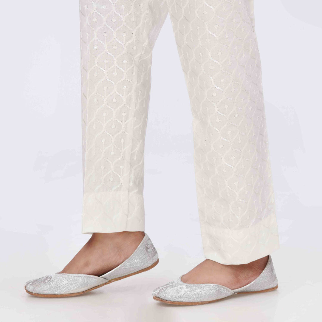 Cream Embroidered Cambric Slim Fit Trouser PS3565