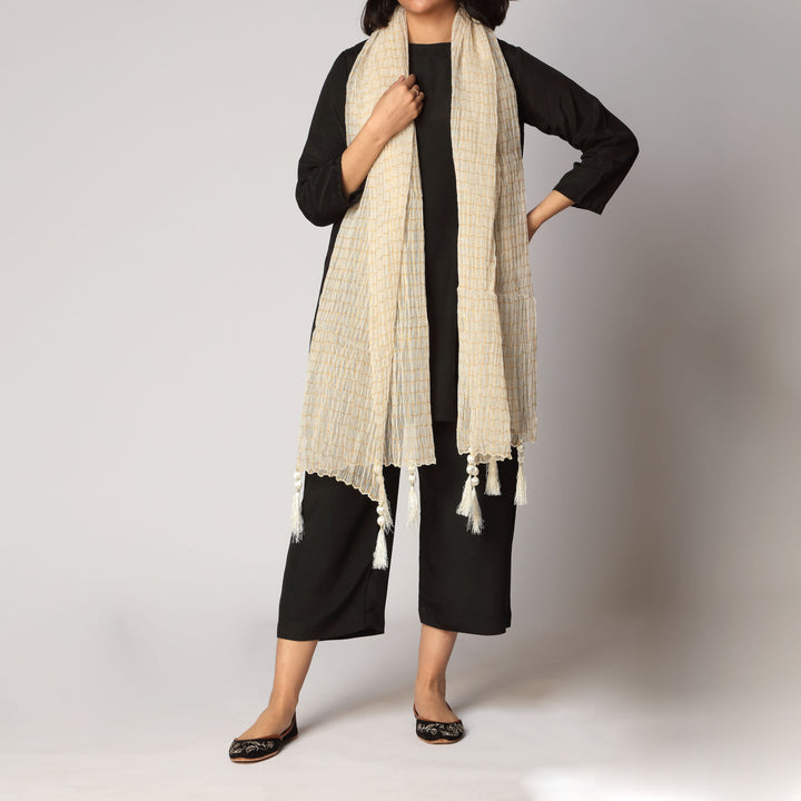 Cream Zari Checkered Stole PS3762