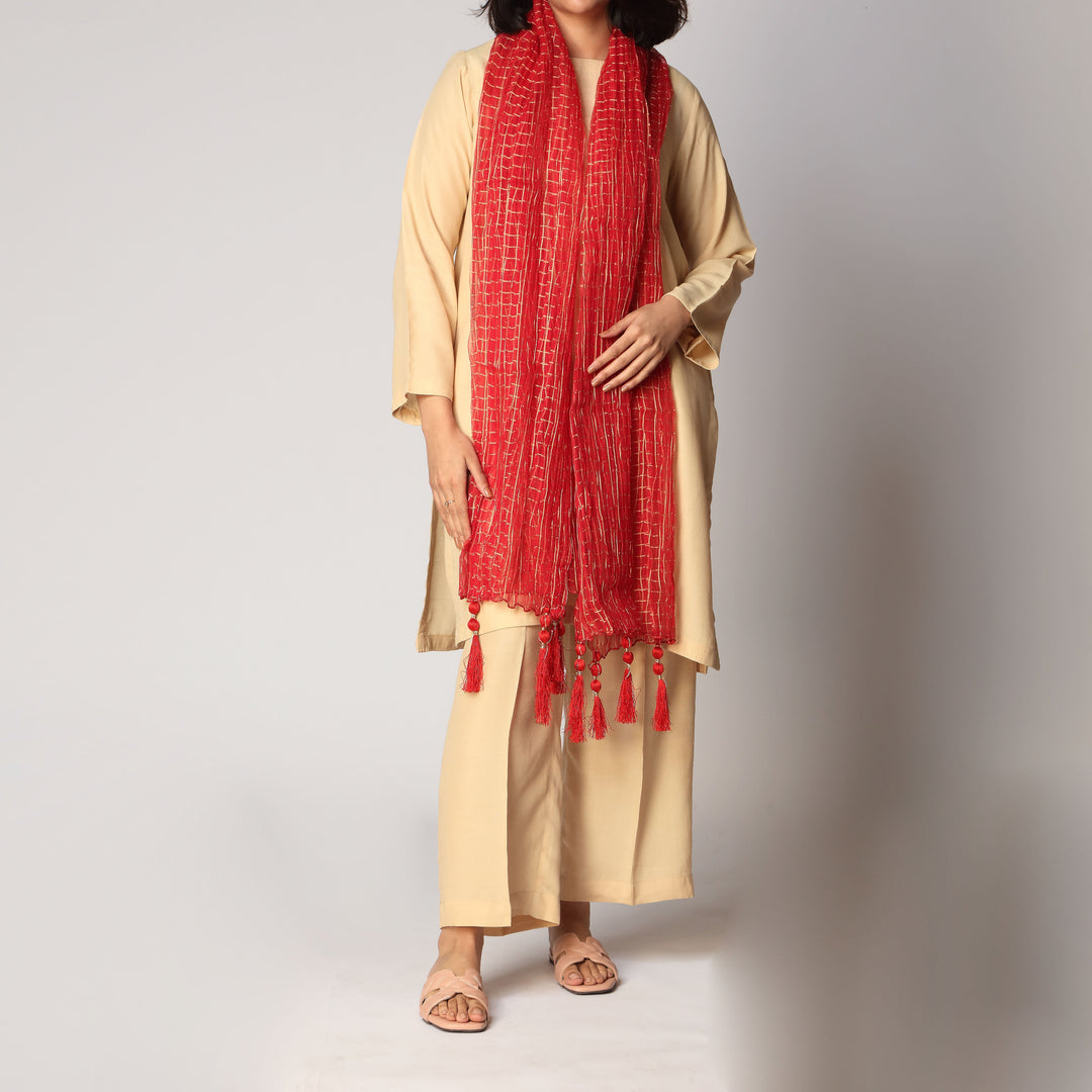 Red Zari Checkered Stole PS3762