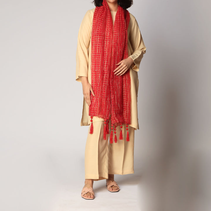 Red Zari Checkered Stole PS3762