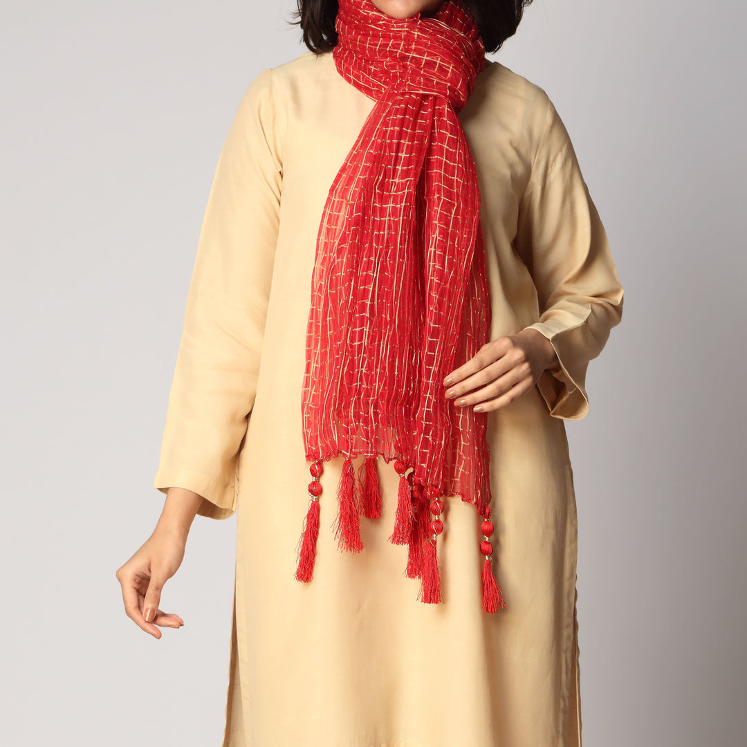 Red Zari Checkered Stole PS3762