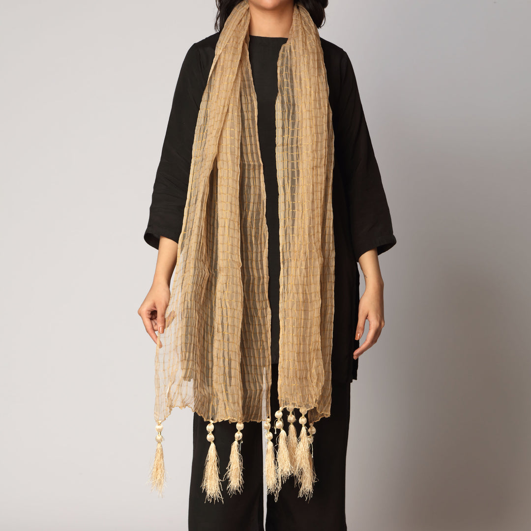 Beige Zari Checkered Stole PS3762