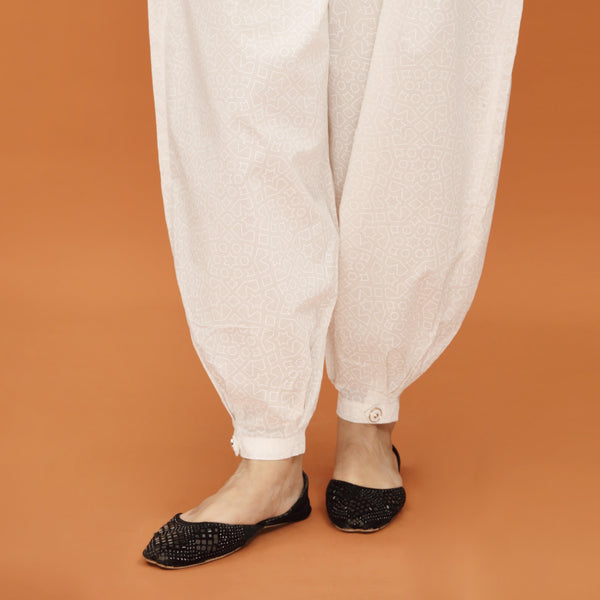 White Screen Printed Cambric Shalwar PS4585