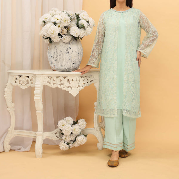 2PC- Lace Net Gown With Neck Embroidery And Raw Silk Suit PS4965