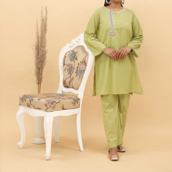 2PC- Embroidered Chambray Cotton Suit PS5059