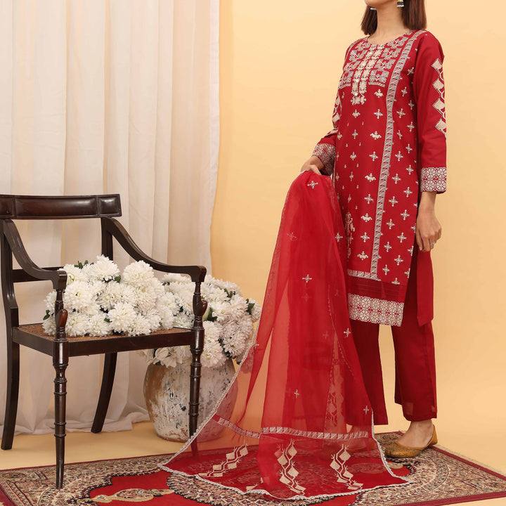 3PC- Embroidered Cambric Suit PS5138