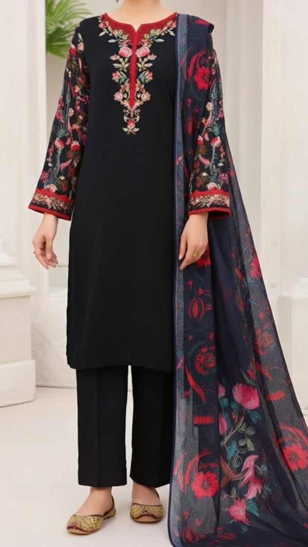 3 PC- Crincle Chiffon Embroiderd Suit PS5280