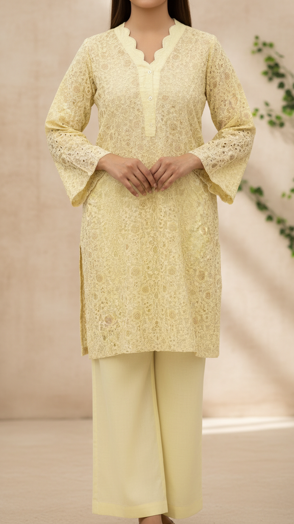 2PC- Gold Printed Raw Silk Suit PS5346