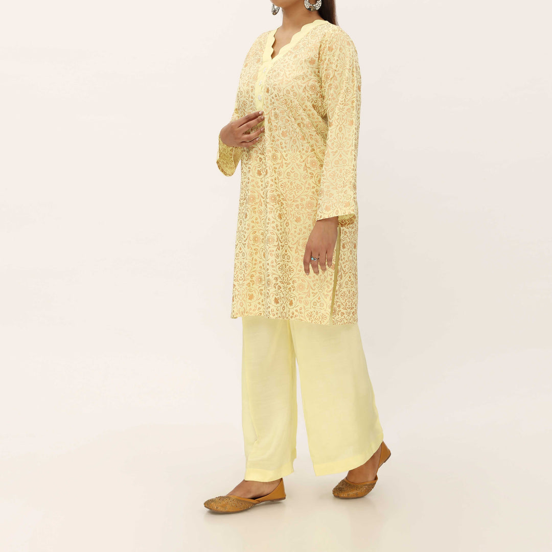 2PC- Gold Printed Raw Silk Suit PS5346