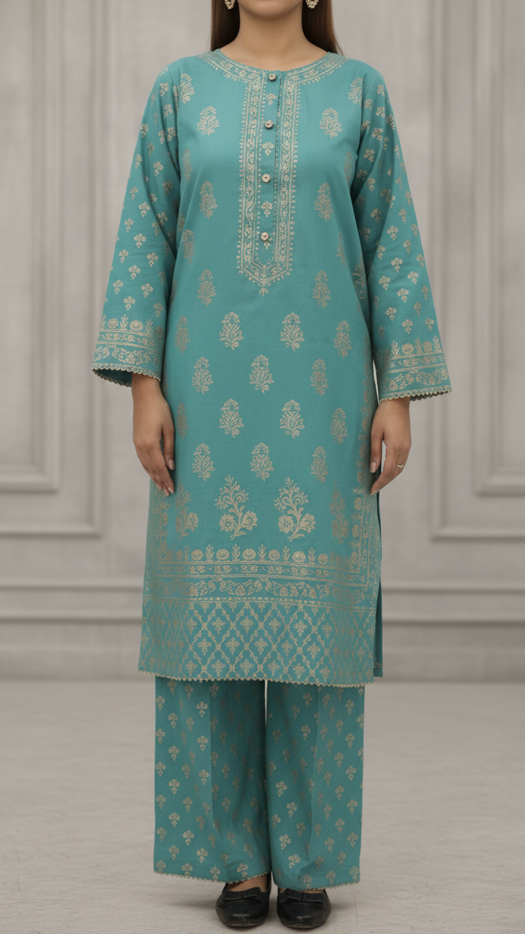 2PC- Gold Printed Cotton Cambric Suit PS5356