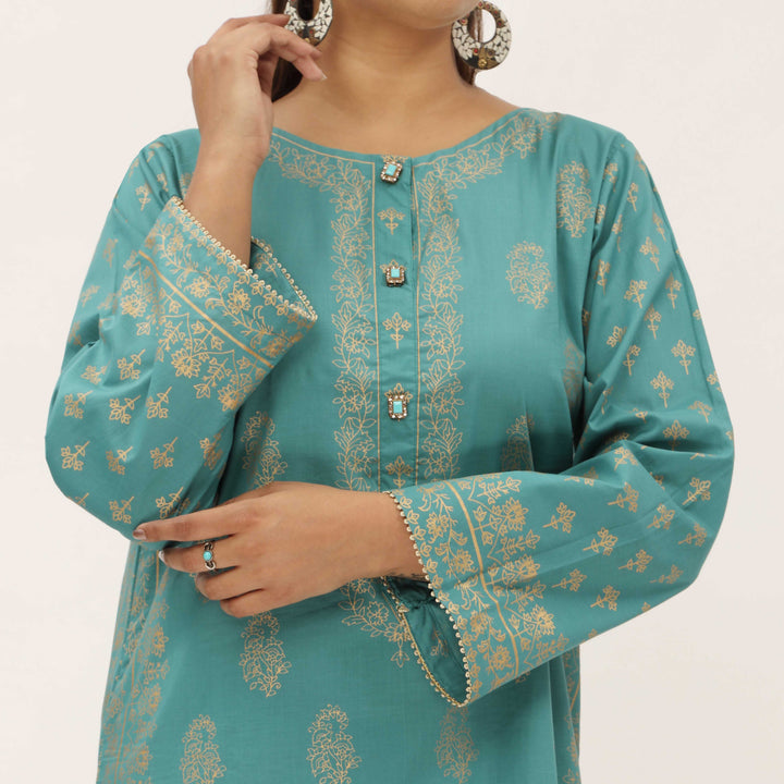 2PC- Gold Printed Cotton Cambric Suit PS5356