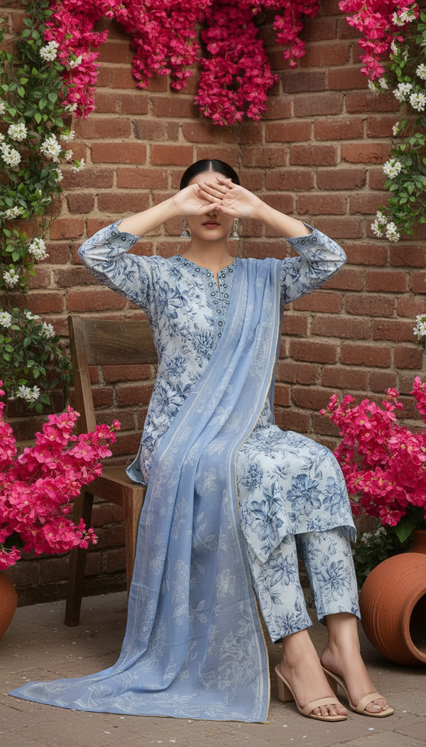 3 PC Digital Printed Cotton Cambric Suit PS6076