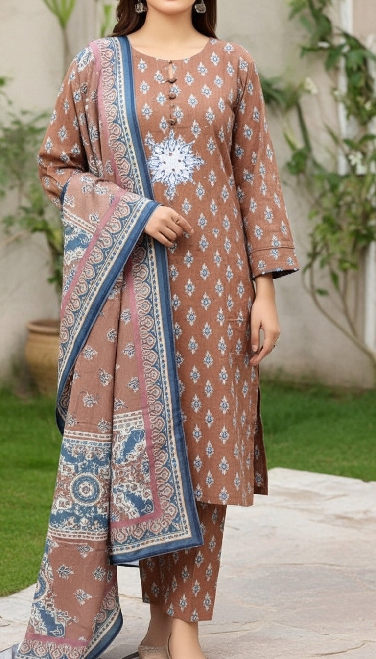 3 PC Digital Printed Cotton Cambric Suit PW5086