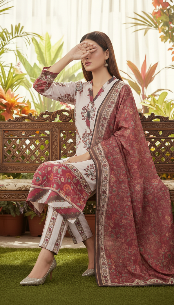 3 PC Digital Printed Cambric Suit PW5137