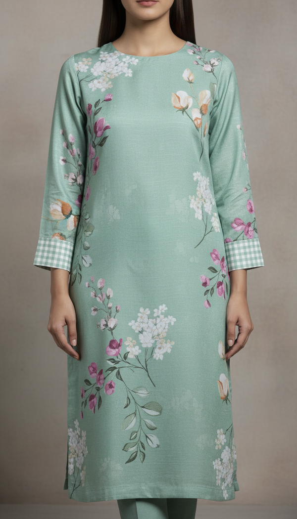 Green Digital Printed Shamose Silk Shirt PW5271