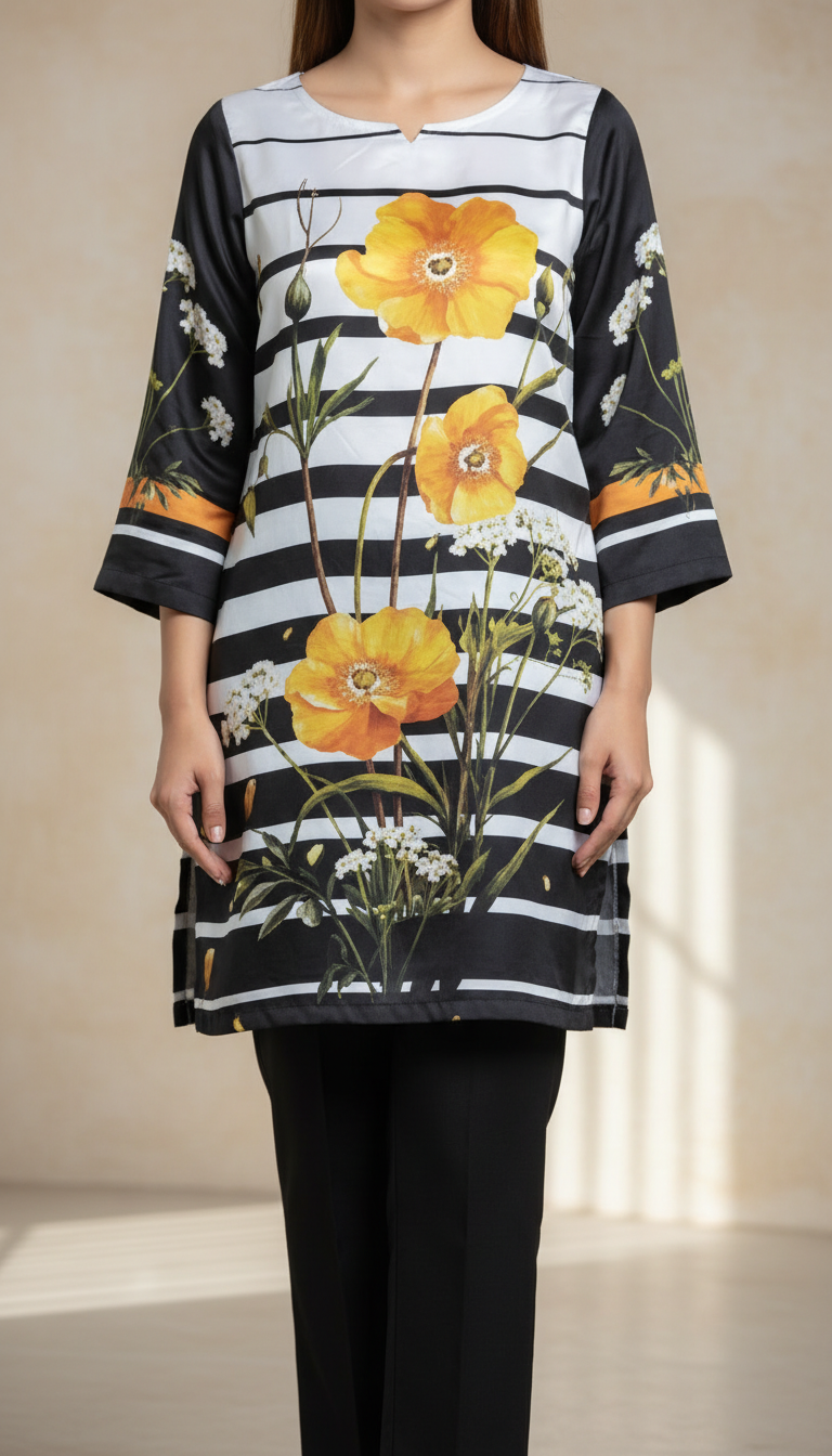 Black Digital Printed Shamouse Silk Shirt PW5327