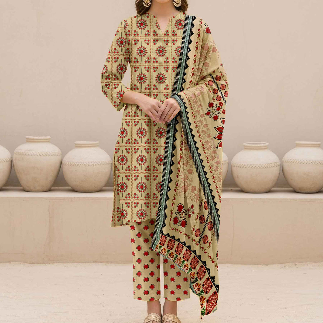 3PC- Unstitched Printed Cotton Cambric suit US5463