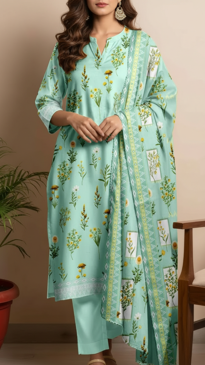 3PC- Unstitched Printed Cotton Cambric suit US5487